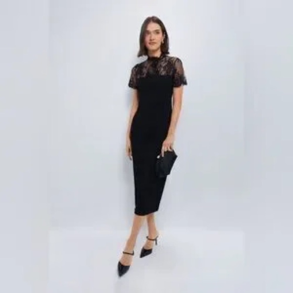 Black Lace Yoke Midi Dress by